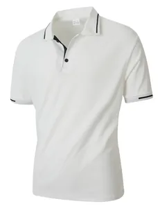 Detailed front view of white short sleeve jacquard Polo shirt with black trim