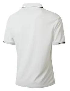 Back view of white jacquard polo shirt with black tipping on collar and sleeves