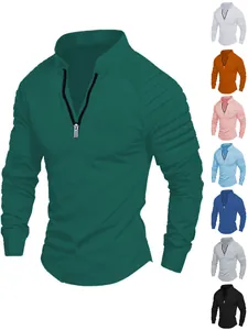 T-Shirt Homme Coupe Ajustée Demi Zip Épaule Plissée Manches Longues Top de Fitness Athlétique Couleur Unie Pull de Sport