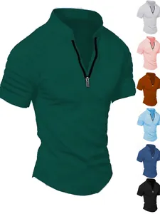 Ανδρικό Casual Αθλητικό T-Shirt με Μισό Φερμουάρ Όρθιο Κολάρο Top Slim Fit Κοντό Μανίκι Fitness Workout Tee με Κάθετη Υφή Μονόχρωμο
