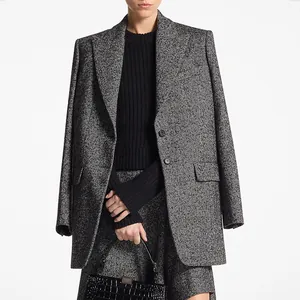 High-end dark brown resin buttons shown on a grey herringbone wool blazer jacket