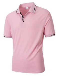 Close-up of pink men's polo shirt with jacquard texture and black collar trim