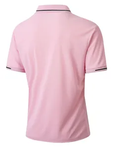 Rear view of a men's pink short-sleeved jacquard polo shirt with black trim details
