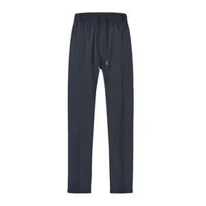 Detailed front view of navy blue slim fit trousers featuring elasticated drawstring waist
