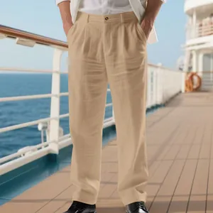 Pantalon en lin kaki homme, style Gurkha, coupe droite décontractée et élégante.