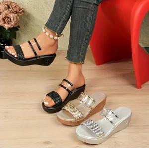 Pantuflas de Cuña de Moda para Mujer Sandalias de Plataforma con Correa Tejida Zapatos de Playa al Aire Libre de Verano Sandalias para Mujer Oro Plata Negro