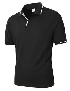 Detailed macro shot of black jacquard polo shirt showing fabric texture and collar.