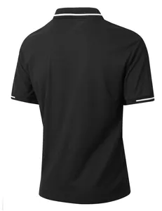 Back view of men's black short-sleeve polo shirt with white striped collar and cuffs