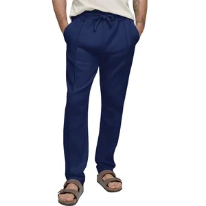 Men's navy blue straight-leg leisure sweatpants with adjustable drawstring waist fit