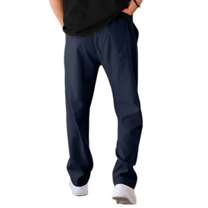 Rear view of men's loose straight casual navy blue sweatpants on white background