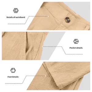 Vue détaillée du pantalon en lin pour hommes montrant la taille, la poche et l'ourlet