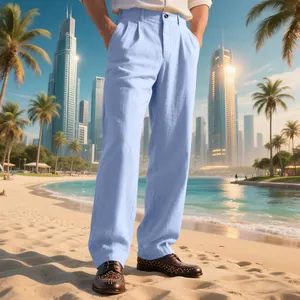 Pantalon Gurkha homme en lin bleu clair coupe ample sur fond élégant de plage et de ville