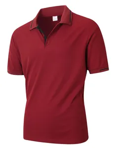 Close-up view of red jacquard men's polo shirt featuring black trim on the collar and cuffs