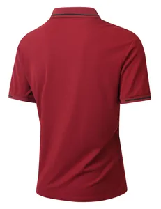 Back view of men's maroon jacquard short sleeve polo shirt with striped collar details.