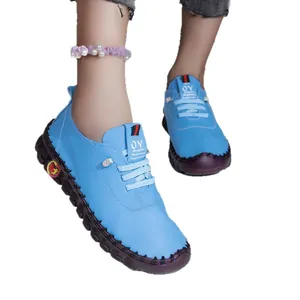 Chaussures plates en cuir bleu pour femmes avec semelle souple antidérapante et coutures à la main
