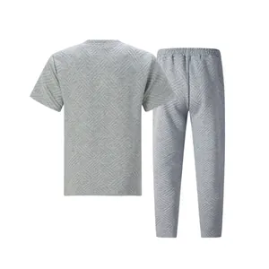 Detailed back view of men's grey casual set featuring a premium textured jacquard pattern