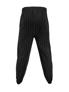 Back view of men's black pinstripe linen trousers with elastic waist and pocket.