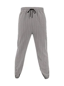 Men's gray pinstriped linen joggers featuring a comfortable adjustable drawstring waist