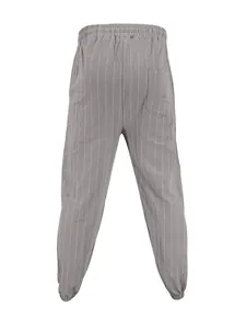 Detailed back view of gray striped linen casual pants for men with comfortable elastic waist.