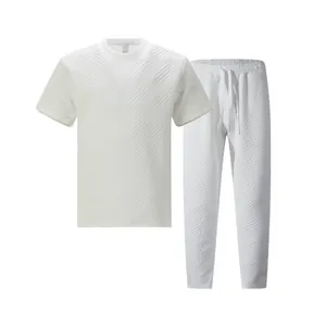 High-quality detail of white men's heavy jacquard textured summer two-piece outfit set