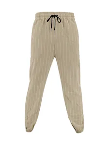 Full view of men's breathable khaki striped linen joggers with drawstring waist