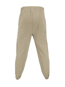 Detailed back view of men's khaki striped linen jogger pants with elastic waist