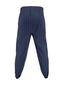 Detailed back view of navy blue striped linen trousers featuring elastic waistband and cuffs