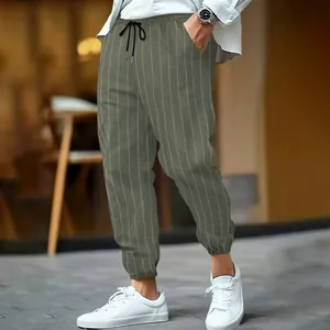 Men's striped linen casual jogger pants with drawstring waist in outdoor street style