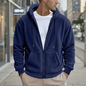 Warme Herren Kapuzenjacke aus dunkelblauem doppelseitigem Fleece mit Reißverschluss