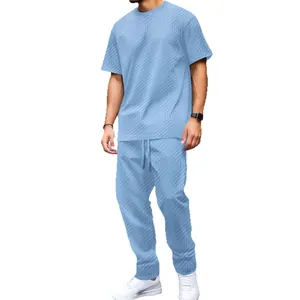 Men's light blue jacquard two-piece set featuring short sleeve t-shirt and casual long pants