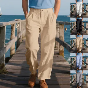 Pantalon Homme en Lin Business Casual Style Gurkha Coupe Droite Respirant Couleur Unie Printemps Automne