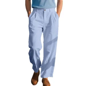 Pantalon décontracté en lin pour hommes, coupe droite avec taille plissée en bleu clair