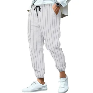 Men's casual white pinstripe linen trousers with drawstring and elasticated cuffs
