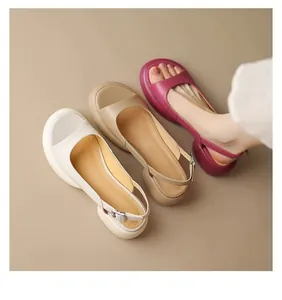 Fashionable women's thick sole open-toe slingback sandals in white, beige and magenta.
