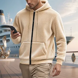 Warmer beiger Herren Fleece-Hoodie mit Reißverschluss, ideal für den Freizeit-Look