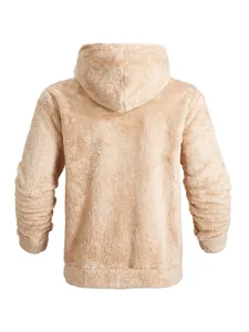 Rückansicht von dickem beigem doppelseitigem Fleece-Hoodie für Herren Winter.