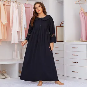 Plus size black long sleeve nightgown with Peter Pan collar and lace trim details