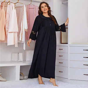 Elegant plus size black long sleeve nightgown with lace trim and peter pan collar