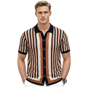 Vintage vertical striped knit polo shirt for men in brown and beige colors