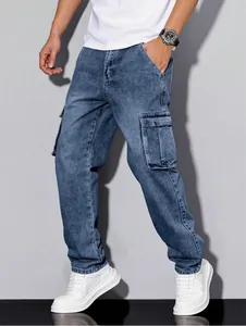 Men's high street style solid color denim cargo pants featuring multi-pocket design