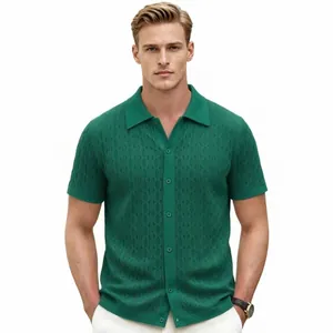 Premium men's green jacquard knitted short sleeve button-down polo shirt with lapel