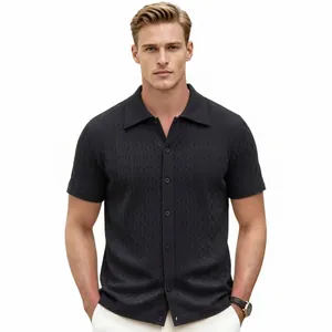 Men's black knit Polo shirt with wavy texture pattern and button-down front