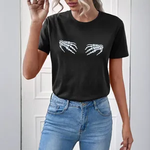 T-shirt noir à col rond pour femme avec imprimé main de squelette blanc