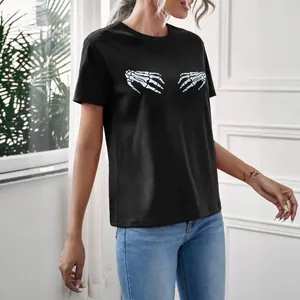 T-shirt noir élégant à col rond pour femme avec imprimé mains de squelette blanc