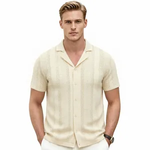 Men's summer short sleeve Cuban collar hollow jacquard knit polo shirt in off-white