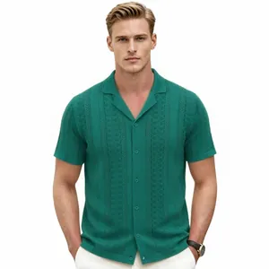 Professional men's green knit polo shirt with Cuban collar and hollow out jacquard texture.