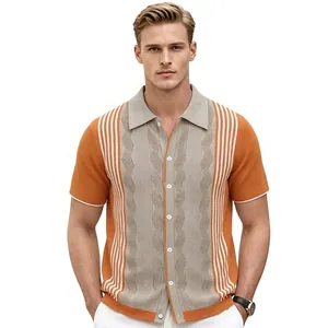 Men Casual Knitted Polo Shirt Short Sleeve Striped Color Block Viscose Top Retro Summer Breathable Fashion Polo Tee Top