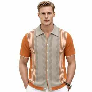 Premium men's short sleeve knitted polo shirt featuring orange and beige vertical stripes