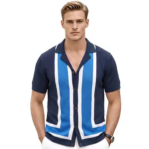Men's Retro Cuban Collar Knit Polo Shirt Geometric Color Block Hollow Out Short Sleeve Cardigan Business Casual Top