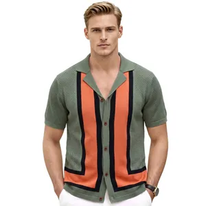 Men's summer knit polo shirt with geometric patterns and Cuban collar in sage green and orange